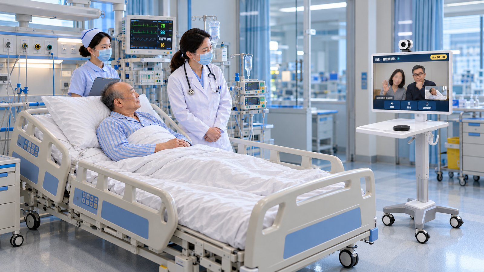ICU 病房里,医护人员推来移动探视推车,患者与家属视频通话